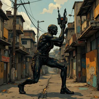 A muscular, black and orange-toned modern robot in a South Korean urban setting, storming a barricade on a cracked street surrounded by worn, industrial-style buildings under dramatic lighting.