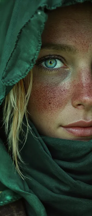 Close-up portrait of aged Linkle wearing a green linen hood, showcasing freckled skin, blue-green eyes, and slightly weathered features.