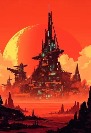 Digital painting of a planetary exploration base on a dusty red-orange landscape featuring a towering central control tower, armoured turrets, research buildings, and a vivid sunset sky with a large yellow moon.