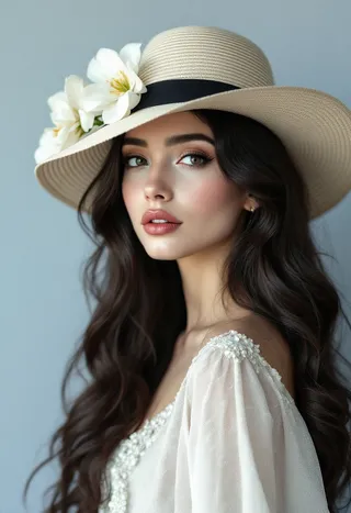 Portrait of an elegant woman with long dark hair wearing a wide-brimmed hat adorned with white flowers, dressed in a white dress against a pale blue background.