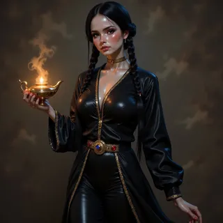A woman resembling Wednesday Addams dressed in a black genie style outfit with gold accents, holding a glowing genie lamp with smoke, and wearing double braided black hair.