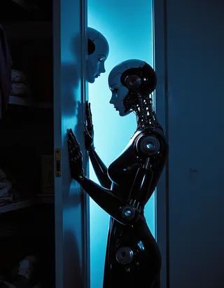 A curvaceous female robot stands in front of an open wardrobe with her hands on the wardrobe doors, illuminated by stark blue lighting that highlights her sleek, futuristic design against a minimalist dark setting.