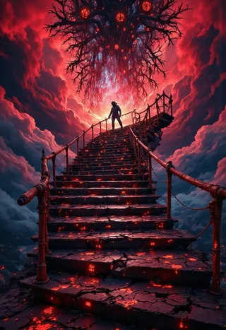 A silhouette of a person stands atop a cracked, glowing spiral staircase with rusty railings, leading into a stormy blood-red sky filled with dark branched orbs.