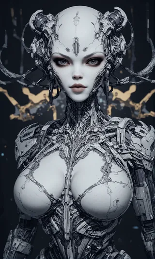 Portrait of a curvaceous alien with a machine-like face featuring intricate robotic details and armor in a highly detailed digital painting style inspired by Horizon Zero Dawn and artists Artgerm, Greg Rutkowski, and Alphonse Mucha.