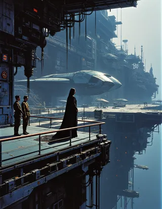 A futuristic scene on a high bridge inside a large spaceport with a woman in a flowing dark dress standing alongside two captains near spaceships and industrial equipment.