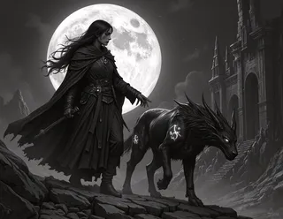 Monochrome fantasy scene of a witch with flowing black hair and cloak, standing next to a mythical black animal with glowing magic sigils, in front of a dilapidated temple and a large glowing moon.