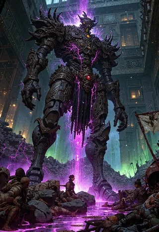 A towering mechanical giant enveloped in intricate armor and glowing purple lightning stands in a dim, ruined indoor battlefield filled with rubble, wounded soldiers, and green gas.