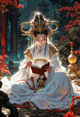 A woman in ornate Chinese Hanfu dress with an elaborate golden headdress reading a book, surrounded by red flowers and ancient architectural structures.