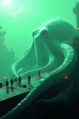 A photorealistic surreal scene of a giant white octopus with strange scales and tentacles on a tanker deck surrounded by silhouetted fishermen under green lighting and sunshine.