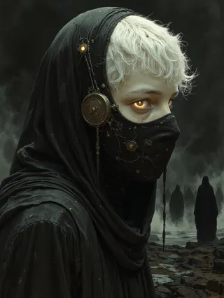 A surreal painting of a fragile young man with short white hair, wearing a black hood and face mask, revealing glowing eyes, with dark mist and shadowy figures in the background.