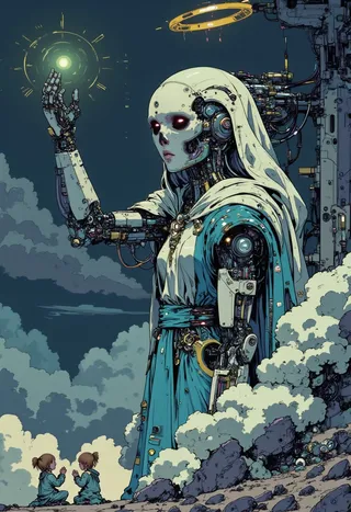 A cybernetic Virgin Mary depicted as a detailed cyborg with mechanical parts and a digital halo, dressed in flowing blue and white robes, standing amidst clouds with children nearby.