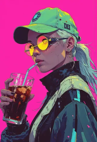 Vibrant pop art illustration of a stylish young woman wearing a light green baseball cap and neon yellow round sunglasses, drinking dark soda through a straw against a hot pink background.