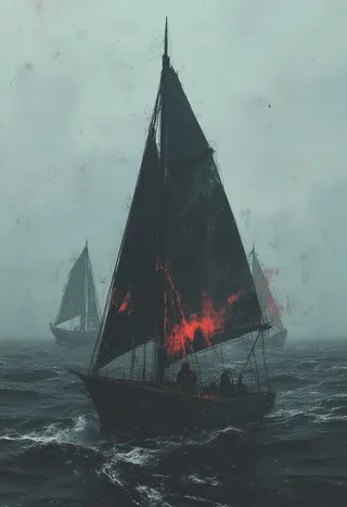 Dark digital art of a sailboat with black sails in heavy, choppy sea under thick fog, with faint red glows on the sails and an eerie, surreal atmosphere.
