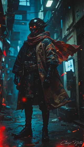 A sleek cyborg reaper with glowing red eyes stands in a dark, shadowy alley wearing a stylish jacket and a flowing scarf, surrounded by a cold night atmosphere.