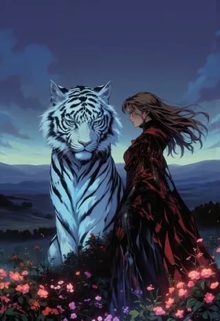 A woman with flowing brown hair and a red and black gown stands beside a majestic white tiger amidst glowing flowers under a twilight sky.