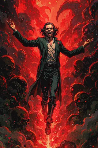 A man in a dark cloak with arms outstretched, victorious and screaming, surrounded by glowing red-skulled skeletal figures amidst fiery red smoke and shadows, in a horror comic art style.