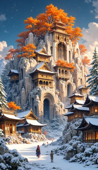 A majestic palace built into rocky mountains with snow-covered roofs and vibrant orange trees, surrounded by traditional wooden buildings in a serene winter landscape.
