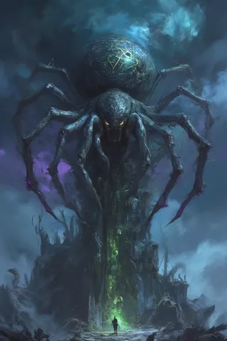 A giant dark fantasy spider with glowing golden eyes perched atop a fog-shrouded ancient stone spire, overlooking a battlefield illuminated by eerie ghostly blue flames.