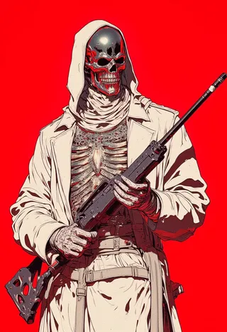 Digital artwork of a chrome skeleton wearing a white leather jacket with a hood, holding a futuristic rifle against a solid red background.