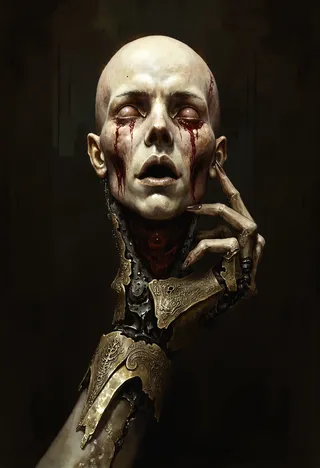 Close-up of a severed pale human head with blood tears, held by a detailed brushed steel robotic hand featuring art nouveau engravings.