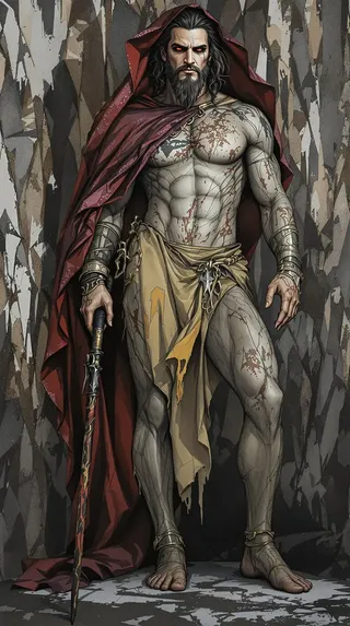 Muscular bearded warrior with scarred tattooed body wearing a red cape and holding a sword, standing against a cracked rocky background.