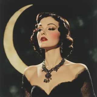 A glamorous woman in a black off-shoulder dress with a bold necklace and earrings, standing against a backdrop featuring a large crescent moon, styled in 1930s technicolor fashion.