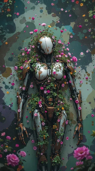 A detailed full body shot of an abandoned cyborg with rusted metallic parts, lying back and covered in vines and colorful flowers with a watercolor splatter backdrop.