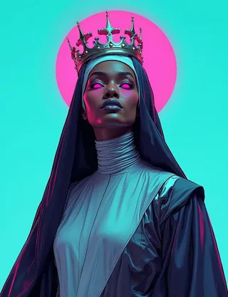 Surreal vector illustration of a female African ghost nun wearing a simulated plugsuit and a metallic crown, featuring bold cyan and pink colors.