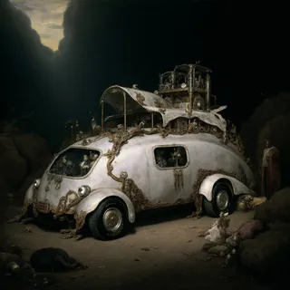 A dark and detailed black-toned Renaissance styled image of an intricately decorated, rusting, futuristic steampunk car overgrown with bronze elements in a dim, desolate environment with mysterious figures nearby.