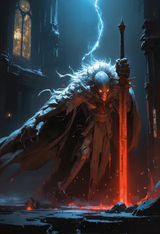 A spectral figure with glowing eyes and clawed hands wields a fiery longsword inside a shadowy gothic cathedral illuminated by supernatural light and mist.