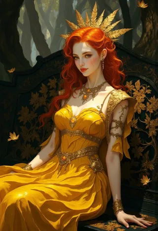 Portrait of a regal woman with vibrant red hair wearing a golden feather-like crown and a flowing yellow gown, seated on an ornately decorated black and gold bench in a dark enchanted forest.