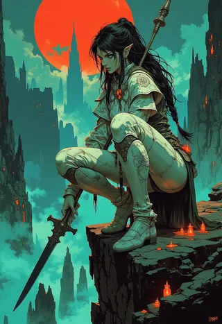 A dark fantasy huntress with black braided hair crouches on a jagged cliff edge, holding a dagger and spear, under a massive blood-red moon with towering cliffs in the misty background.