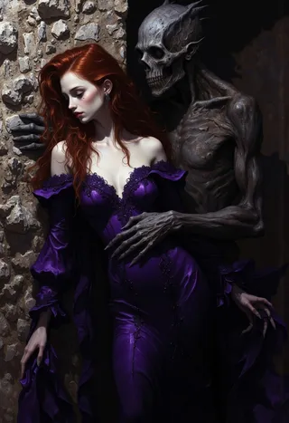 A seductive woman with long auburn hair in a deep purple gown is embraced by a shadowy, stone-like figure emerging from a textured stone wall, set in a dark, moody atmosphere.