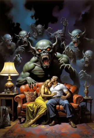 A retro-style detailed digital painting showing a man and woman hugging anxiously on a red couch with many menacing demons with glowing eyes and fangs looming behind them.