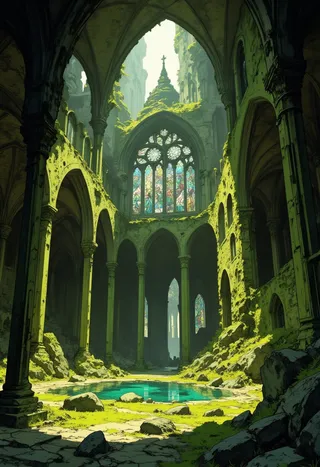 Ultra realistic moss-covered cathedral ruins with shattered stained glass windows and visible sunbeams casting godrays over a bright pool of water on the mossy floor.