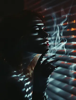Portrait of a person with venetian blind shadows cast across their face, cigarette smoke tendrils rising, highlighted by neon-rimmed silhouette in a dark, moody neo-noir setting