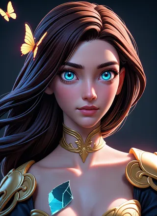 A detailed digital portrait of a beautiful cyborg woman with brown hair, glowing blue eyes, gold filigree armor, and two glowing butterflies near her head, featuring a piece of broken glass on her chest.