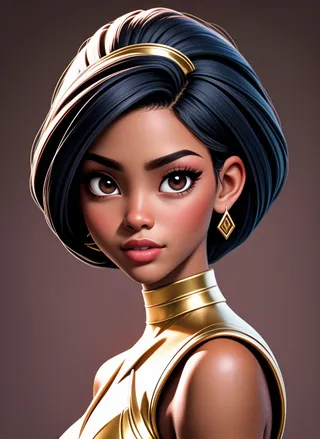 Portrait of a gorgeous dark-skinned black woman with short, styled black hair adorned with a gold accessory, wearing gold earrings and a metallic gold high-neck dress.