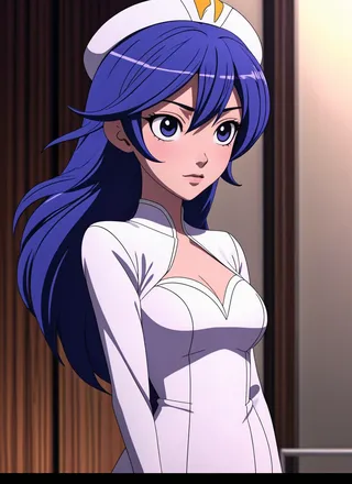 Anime girl with long blue hair wearing a white gown and a white and yellow hat, shown in an upper body pose with a serious expression.