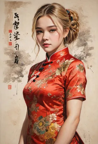 Blonde woman wearing a detailed red Chinese cheongsam with floral patterns, painted in a vibrant and high-energy manga style with traditional brushstroke background.