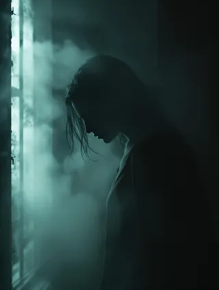 Silhouetted figure standing near a window framed by architectural elements, surrounded by volumetric fog, illuminated with moody Gregory Crewdson style lighting.