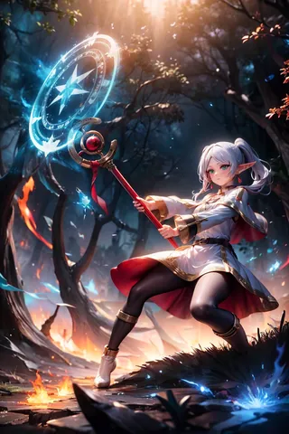 A white-haired elf girl with twintails casting magic with a staff in a dark forest at night, wearing black pantyhose, a white dress, and a capelet.