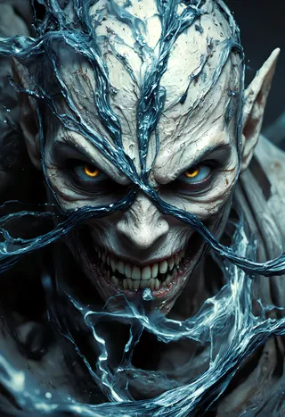 Closeup of an evil wrath creature with glowing yellow eyes, cracked pale skin, and flowing blue magical energy wrapping around its face and head with dynamic motion.