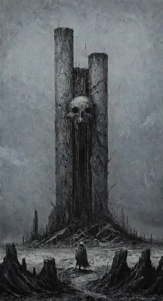 A towering post-apocalyptic structure made of cracked pillars with a large skull carved into the center, set in a bleak wasteland under a grey sky.