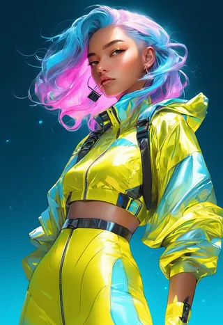 Realistic anime girl with neon blue and pink hair wearing shiny yellow retro-futuristic outfit against a sky blue gradient background.