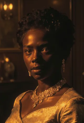 Portrait of an African queen in a dimly lit room wearing gold jewelry and a golden dress, with a grainy textured finish.