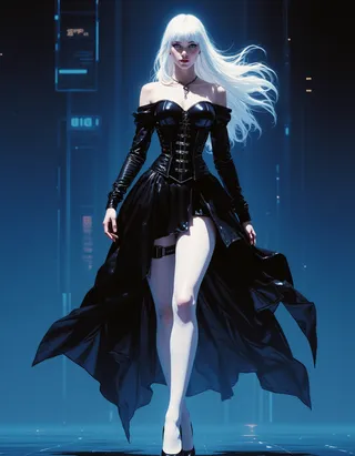 A cyberpunk style woman with long flowing white hair, wearing a black off-shoulder corset with a high-low black skirt, white stockings, and black high heels, standing against a minimalist blue gradient futuristic background.