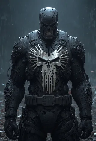 Grotesque Punisher character in dark dystopian, post-apocalyptic armor with skull motifs and dramatic lighting under rain.