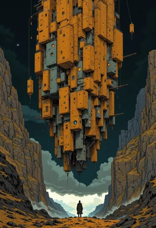 A large futuristic building composed of stacked orange and gray cubes floats above a rocky mountain valley at night, with a small person standing below watching it.