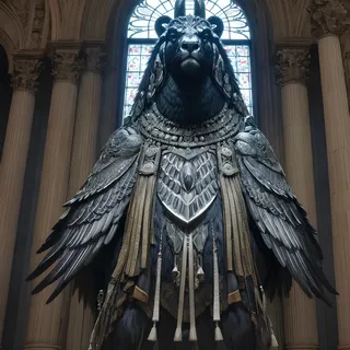 Majestic ram-headed anthropomorphic statue wearing ornate detailed armor with wings, standing in a grand cathedral with tall columns and stained glass window